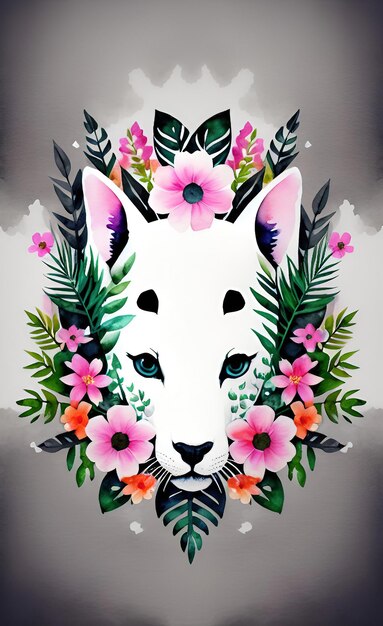 Foto illustrazione ad acquerello di un bellissimo animale carino con fiori