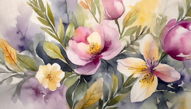 Watercolor illustration of beautiful flowers Spring floral background