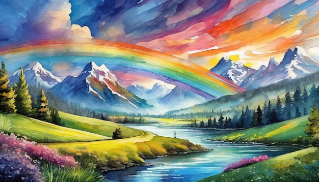 Watercolor illustration of beautiful natural landscape with rainbow mountains and forest