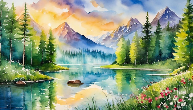 Watercolor illustration of beautiful summer landscape with lake mountains green forest in sunlight