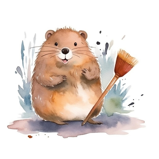 Watercolor illustration of a beaver with a broom