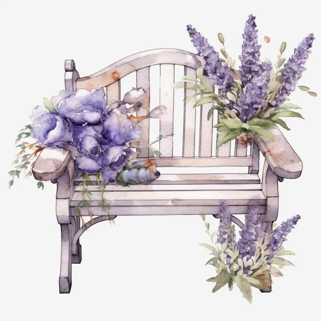 A watercolor illustration of a bench with purple flowers and a bouquet of lavender.