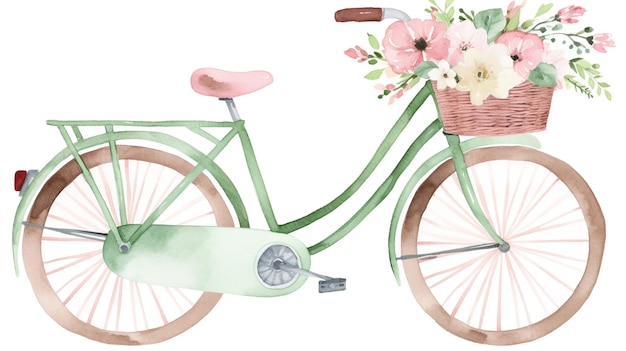 花でいっぱいのかごを持った自転車の水彩イラスト。