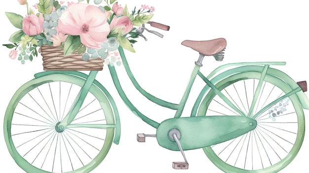 花でいっぱいのかごを持った自転車の水彩イラスト。