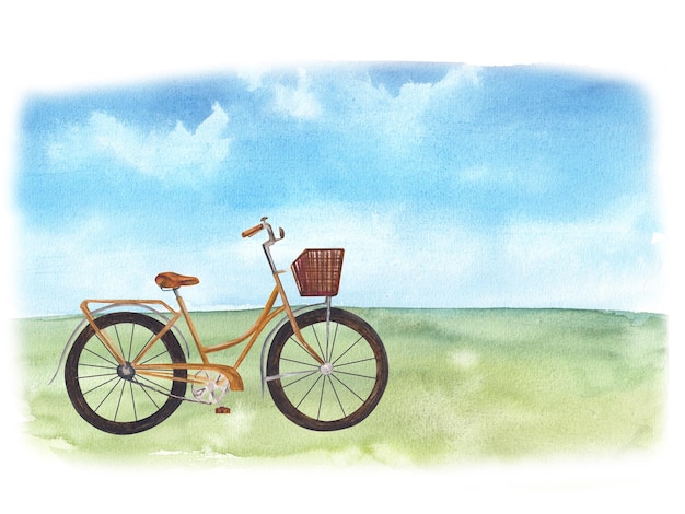watercolor illustration of a bicycle with a basket on the landscape with a field and blue sky bicycle clipart isolated on nature background for postcards printing on textiles ecology flyers