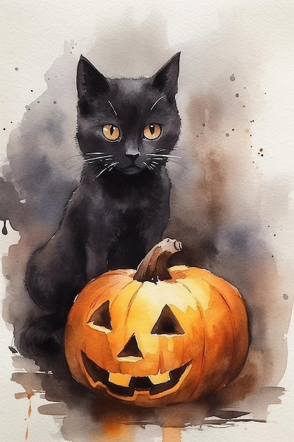 Watercolor illustration of a black cat with a Halloween pumpkin