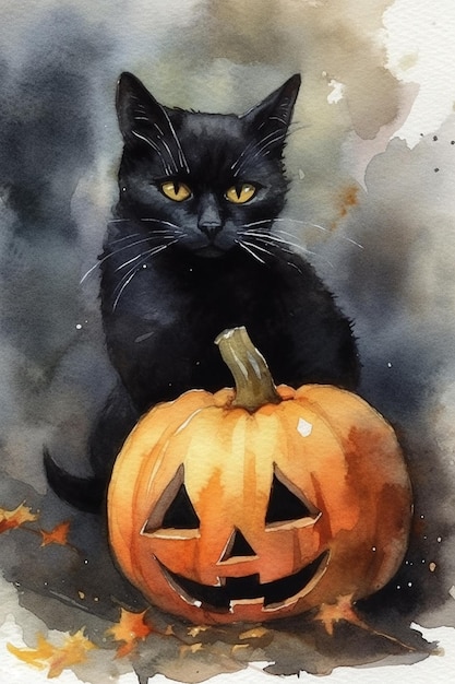 Watercolor illustration of a black cat with a Halloween pumpkin