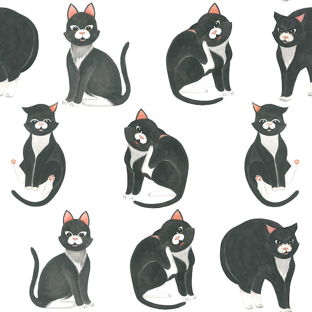 watercolor illustration of black cats seamless pattern on white background