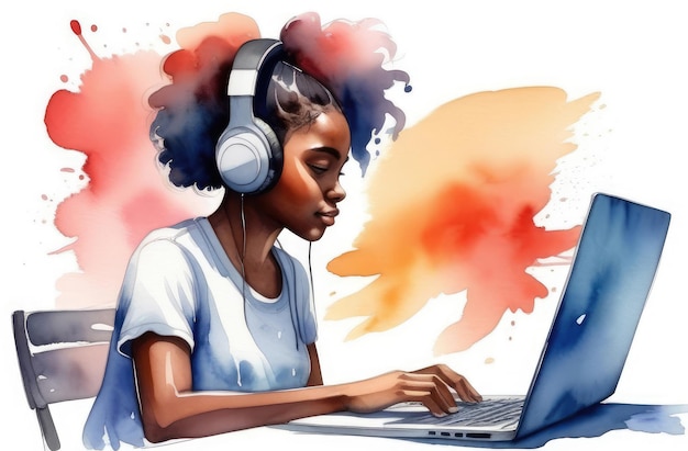 Акварель иллюстрации чернокожей школьницы-подростка, делающей домашнее задание на ноутбуке онлайн-образование