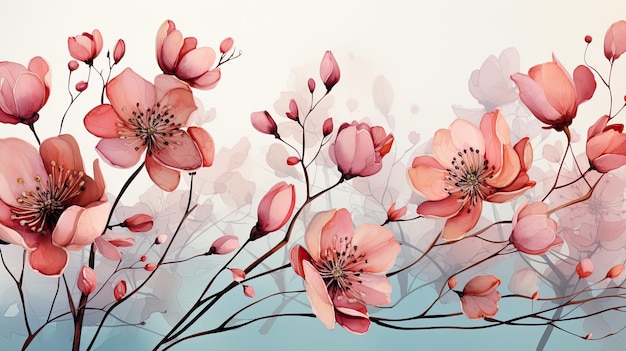 Photo watercolor illustration of a blossoming apple tree branch