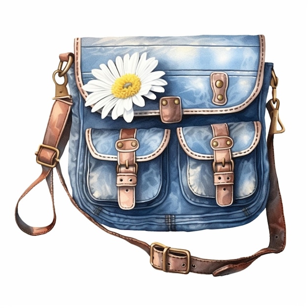 Watercolor illustration of a blue bag with a daisy on it.