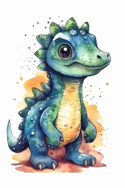 A watercolor illustration of a blue dinosaur with a green tail and a blue tail.