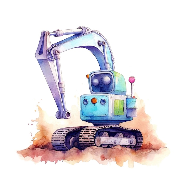 A watercolor illustration of a blue excavator