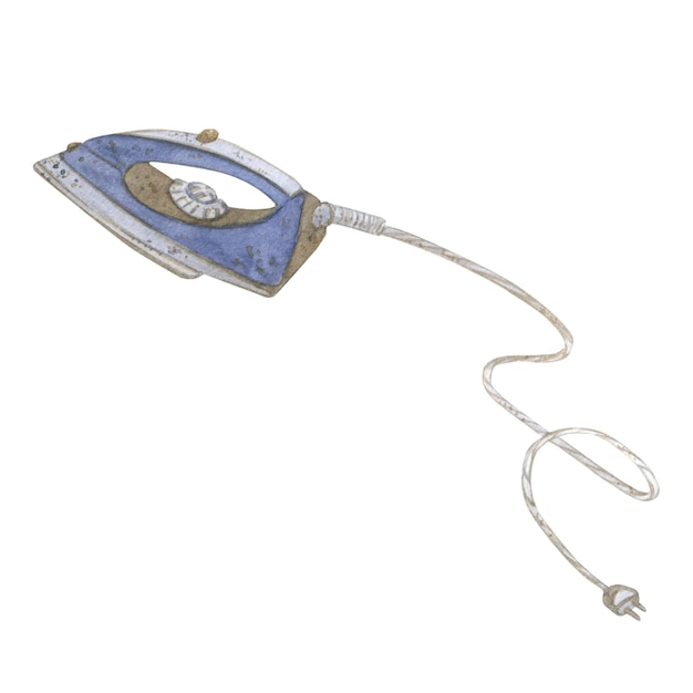 Watercolor illustration of a blue ironing iron with a wire isolated on a white background