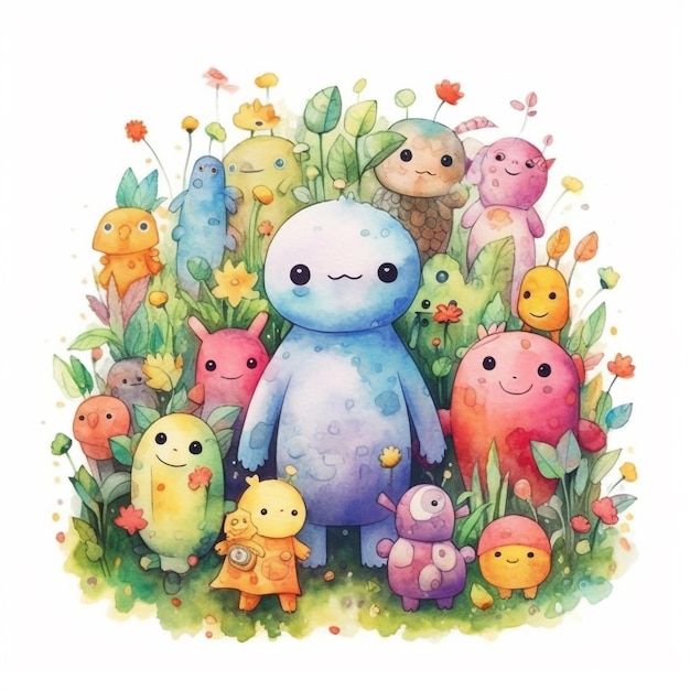 A watercolor illustration of a blue monster with a little monster in the middle of the grass.