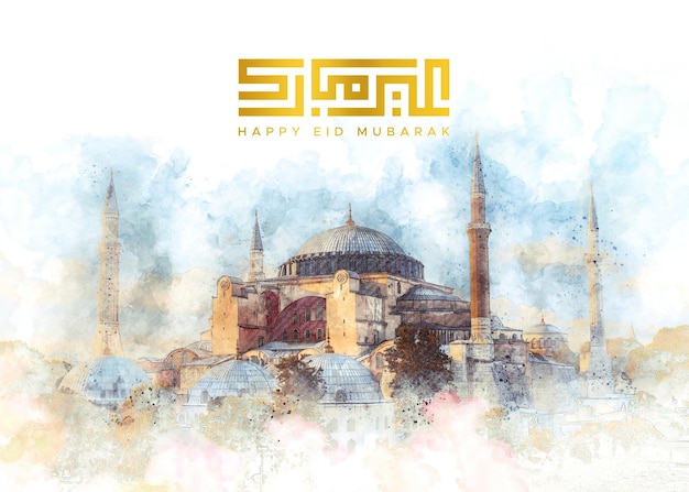 Watercolor illustration of a blue mosque and the words happy eid mubarak on a watercolor background.