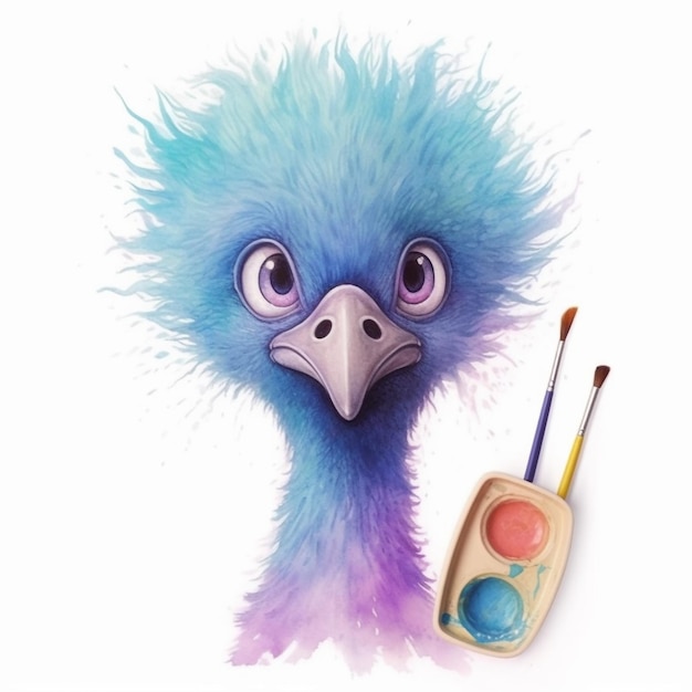 A watercolor illustration of a blue ostrich with a brush and paint brushes.