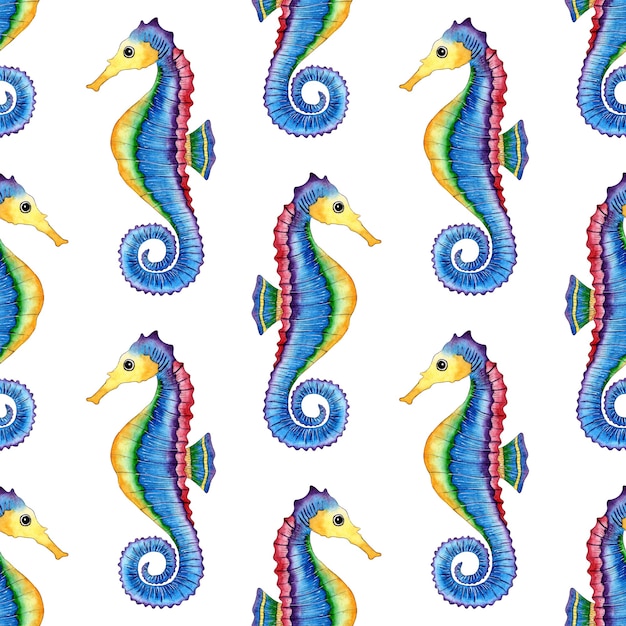 Watercolor illustration of blue seahorse pattern Seamless sailing marine life print Ocean dwellers