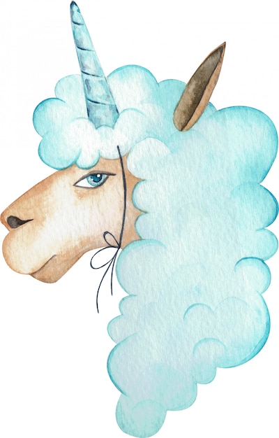 Photo watercolor illustration of a blue suspicious alpaca with a horn on the head. a unicorn llama portrait.