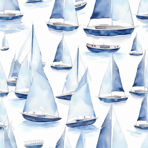 Watercolor illustration of a blue and white sailboats.