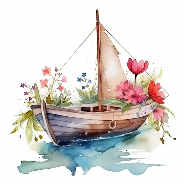 Watercolor illustration of a boat with flowers