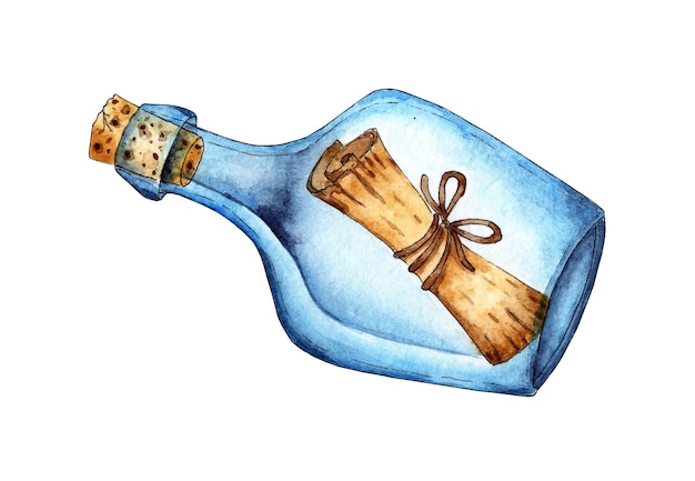 Watercolor illustration of a bottle with a message A transparent vessel with a bundle inside Request