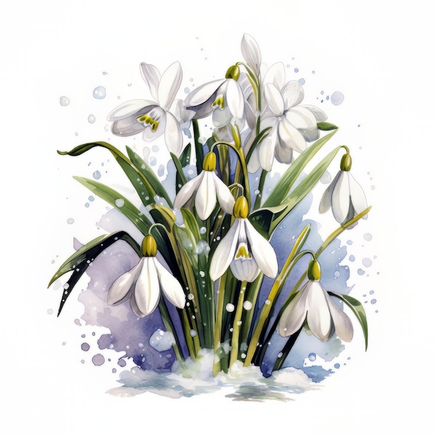 Watercolor illustration of a bouquet of snowdrops on a white background