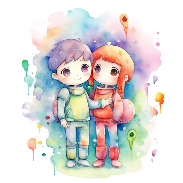 Photo a watercolor illustration of a boy and girl hugging.