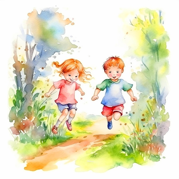 Watercolor illustration of a boy and girl running in the park.