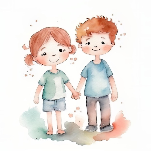 A watercolor illustration of a boy and girl