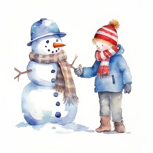 Watercolor illustration of a boy and a snowman