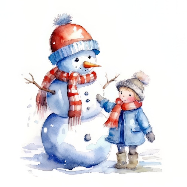 Watercolor illustration of a boy and a snowman