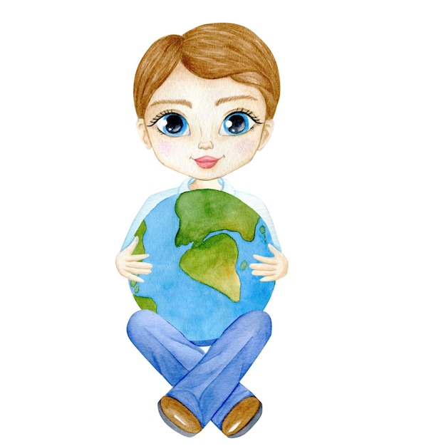 Watercolor illustration of a boy student with a planet