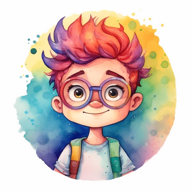 Watercolor illustration of a boy with glasses and a rainbow haircut.