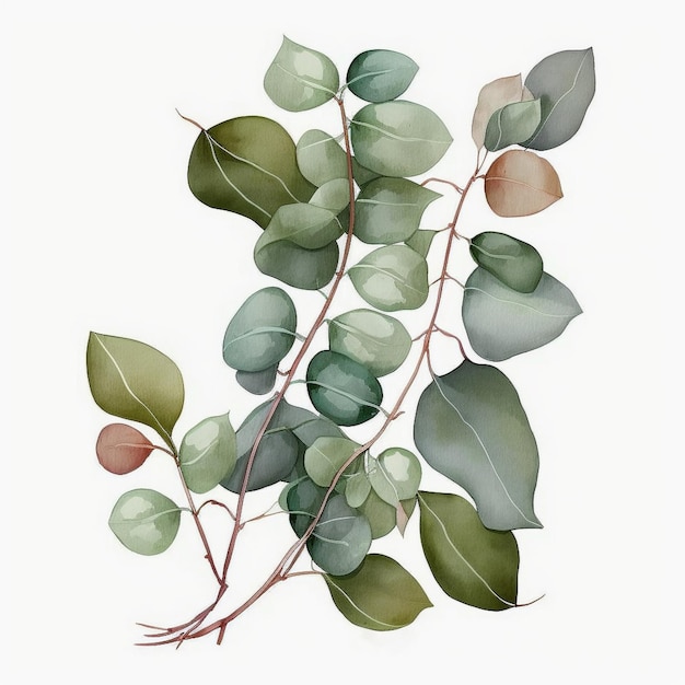 A watercolor illustration of a branch of eucalyptus with green leaves.