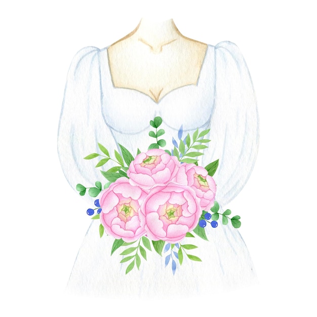 Watercolor illustration of a bride in a white dress with a bouquet of peonies