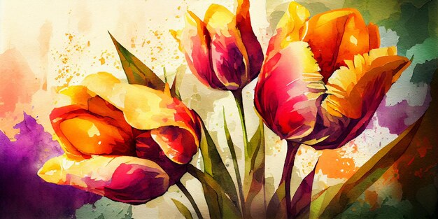 明るくカラフルなチューリップの水彩イラスト。チューリップの花の背景。
