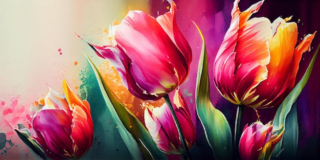 watercolor illustration of Bright and Colorful Tulips. Tulips flowers background.