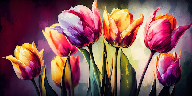 watercolor illustration of Bright and Colorful Tulips. Tulips flowers background.