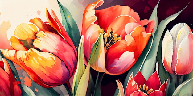 watercolor illustration of Bright and Colorful Tulips. Tulips flowers background.