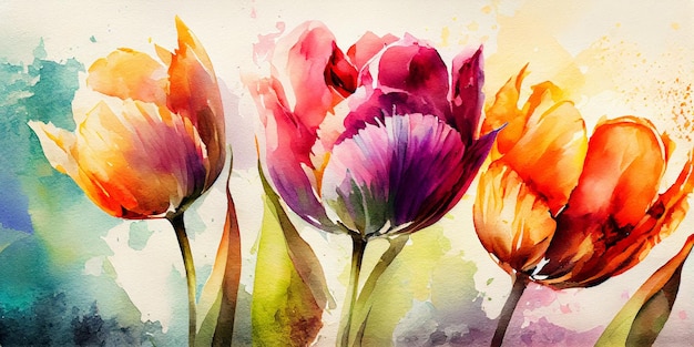明るくカラフルなチューリップの水彩イラスト。チューリップの花の背景。
