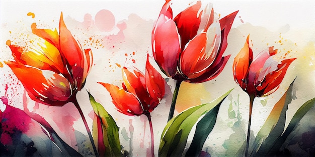 watercolor illustration of Bright and Colorful Tulips. Tulips flowers background.