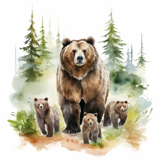 Watercolor illustration of a brown bear with her cubs in the forest