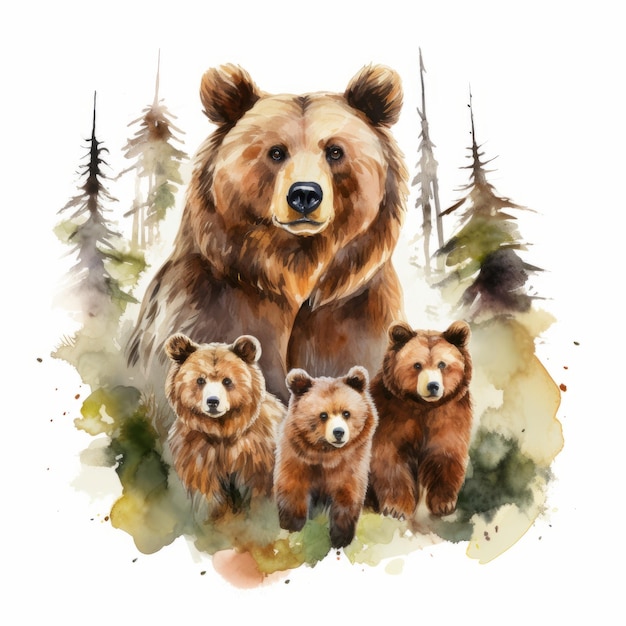 Акварельная иллюстрация коричневого медведя с его детенышами в лесу
