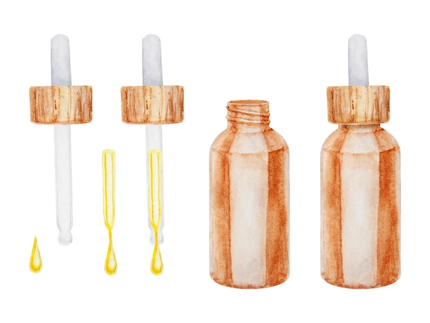 Photo watercolor illustration of brown glass bottle of serum essential oil with pipette spa and bathroom accessories elements for beauty salon and wellness center cosmetology massage and medicine