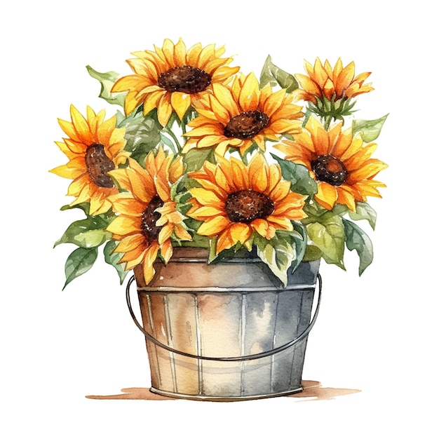 Watercolor illustration of a bucket of sunflowers