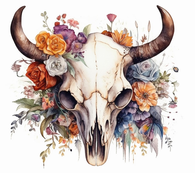 A watercolor illustration of a bull skull with flowers and bull horns.