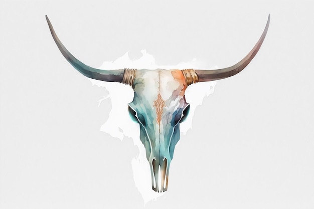 Watercolor illustration of a bull skull with horns.