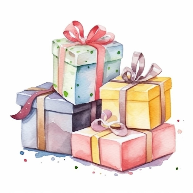 Watercolor illustration of a bunch of colorful gift boxes.