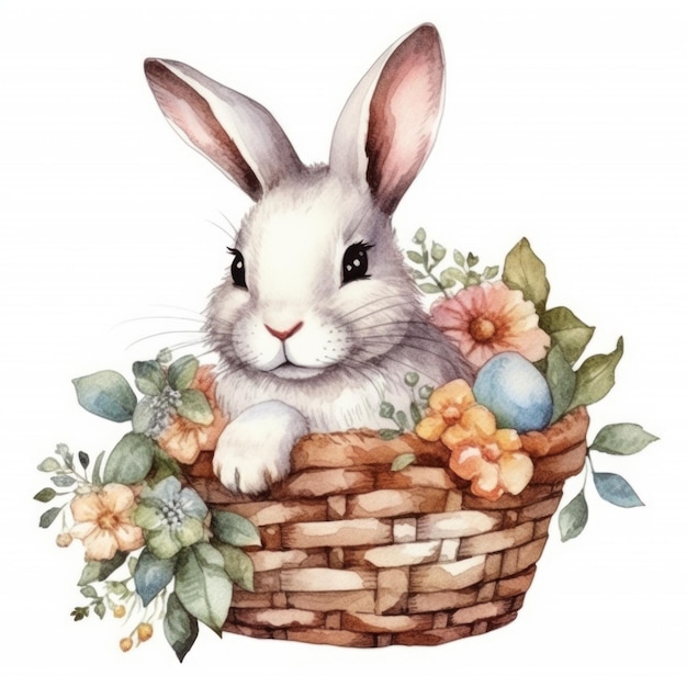 Watercolor illustration of a bunny in a basket with flowers